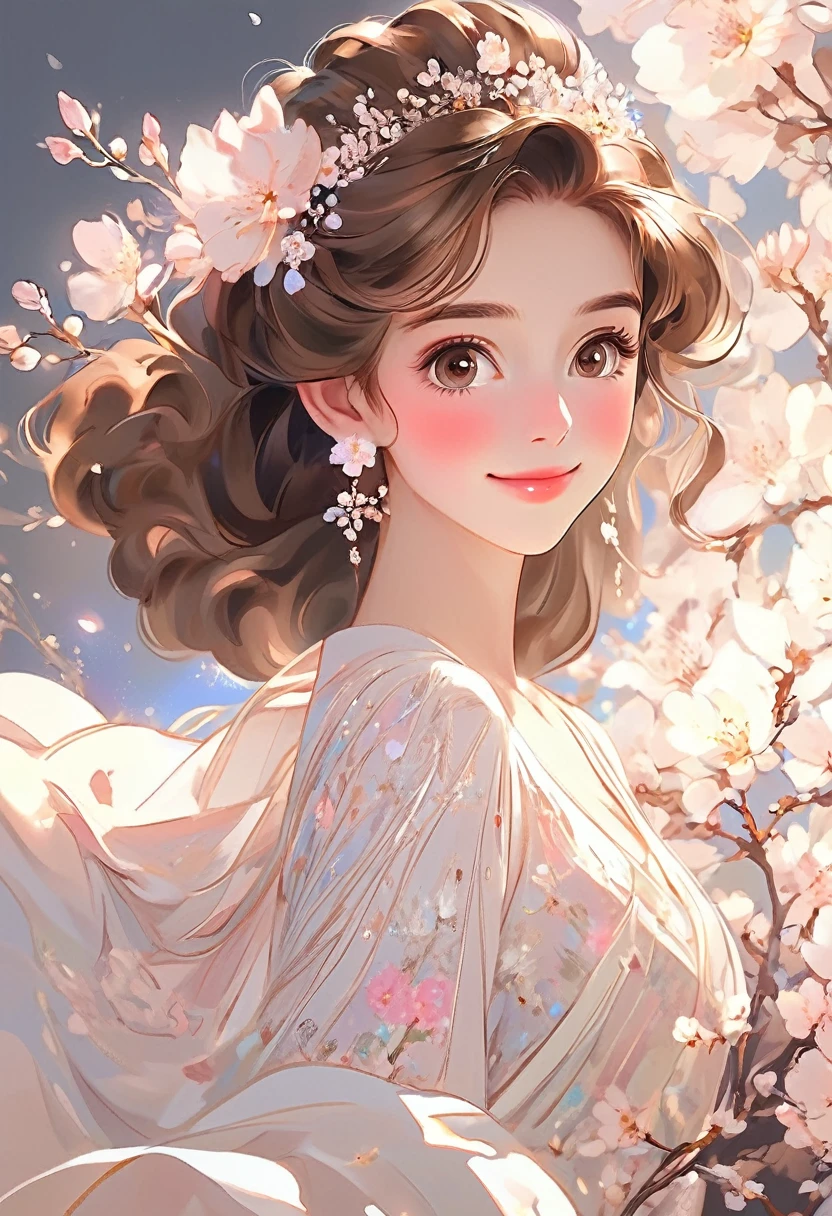 Very detailed,(((ultra detailed face))),best quality, 8k, (柔Light), Light, 1 lady, facing the camera,brown hair, fluffy hair,((forehead)),almond eye,elegant, Comfortable, Clean and detailed anime art, Trending on artstart, milky white, illuminate warmly, (pink and white theme),((smile)),dress