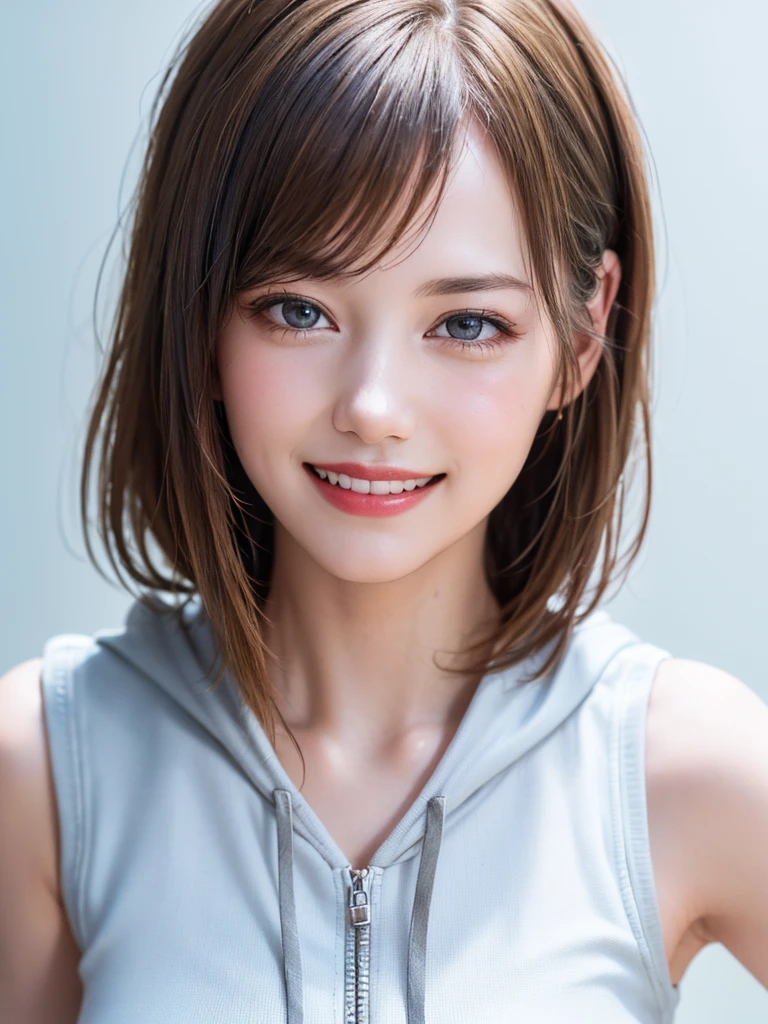 (Highest quality、8K、32k、masterpiece)、(RAW Photos)、(Realistic)、(High resolution)、Very detailedな、Very beautiful face and eyes、One Girl、Round and small face、Delicate body、(close、Highest quality、Rich skin detail、Highest quality、8K)、Very detailed、(Realistic、Realistic:1.37)、Vibrant colors、(((Laughter)))、(((Silver Hair)))、(((Please touch your chest with your right hand.)))、(((smile)))、(((Bust Shot)))、(((White Background)))、((Medium Hair))、(((White wall background)))、(((blonde)))、(((She is wearing a sleeveless hoodie with a pop design...)))、(((Brown and light blue sleeveless hoodie)))、(((White wall background)))、