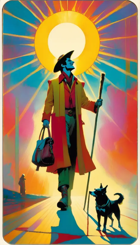 tarot card, the fool, happy man next to a dog walks with a bag tied to a stick, bright sun, tarot card frames ((text on card: "e...