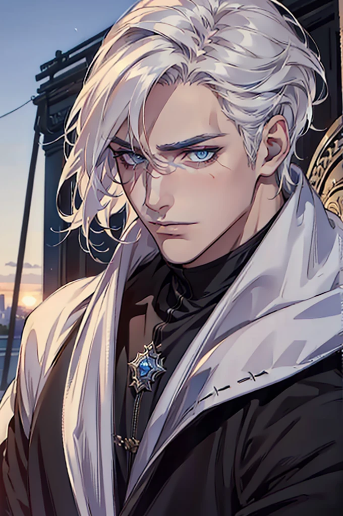 ((masterpiece:1.2, Best quality)), 4k, adult, European face, 1 person, male, , masculine, Beautiful, tall, dark casual wear, White skin, white hair, blue eyes s, portrait, sunset, man, adult man
