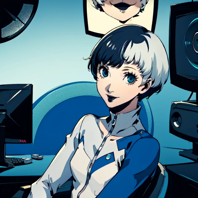 masterpiece, ((best quality)),((1 girl)), blue eyes, very Short hair, black lipstick, white hair, female , tomboy Pixie haircut, deep blue suit, white hair, white hair,smiling,hacker,in the,dark room,sitting,looking monitor,cute