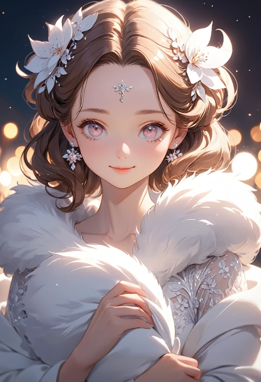 Very detailed,((ultra detailed face)),best quality, 8k, (sout Light), Light, soft focus,1 lady, facing the camera,brown hair, fluffy hair,((forehead)),((almond eye)),elegant, Comfortable, Clean and detailed anime art, Trending on artstart, milky white, illuminate warmly, (pink and white theme),((smile)),dress,night