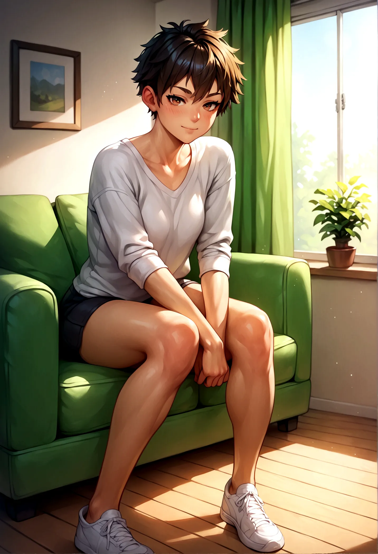 score_9, score_8_up, score_7_up, score_6_up, score_5_up, score_4_up, break source_anime, 1girl handsome tomboy , living room