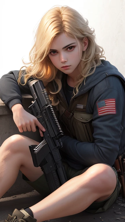 Best quality,masterpiece,ultra high res,(photorealistic:1.4)1girl,white background,solo,blood,arm guards,simple background,male focus,looking at viewer,black eyes,tabi,floating hairfull body,, (gun:1.3), holding gun, dirty blonde,,upper body,cargo shorts,sitting,