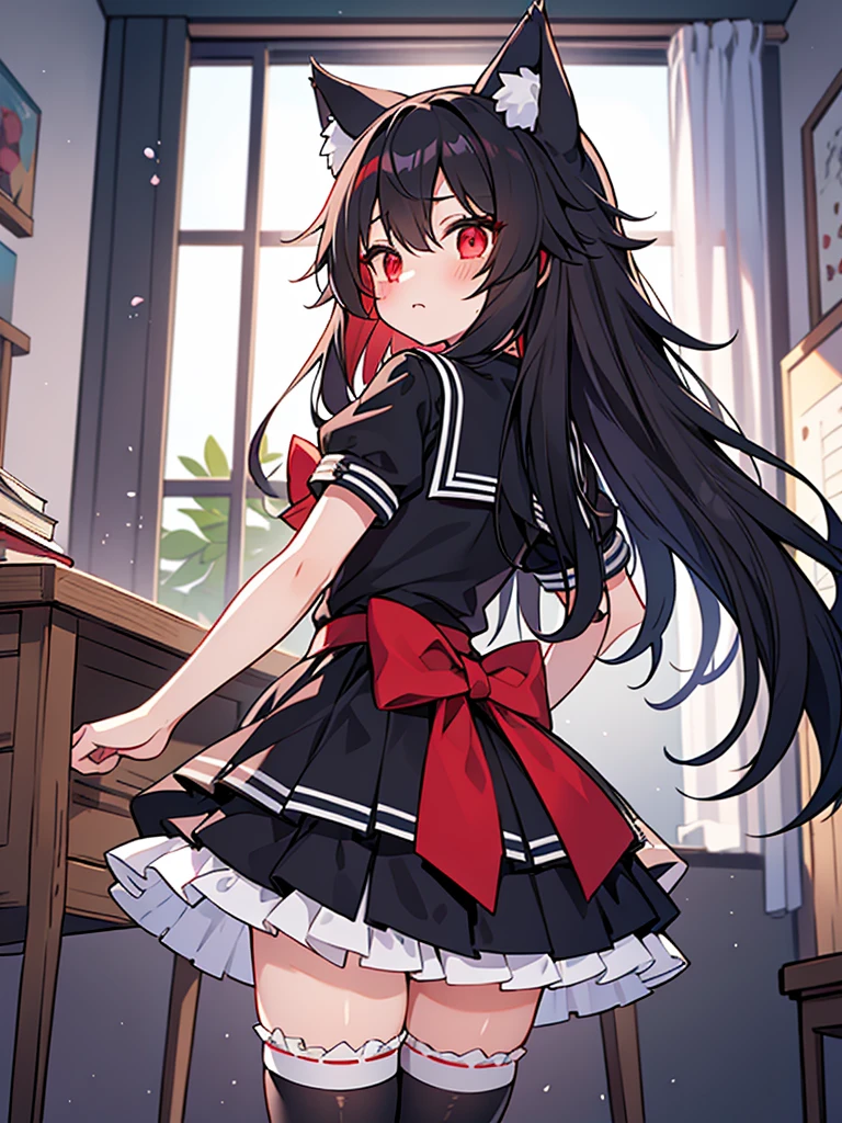 black long straight hair,hyper cute small young shota,
fenrir shota,fluffy wolf tail,ultra frilly miniskirt saIlor uniform,garter stockings,white frill,stand in classroom,
Press your ass against me,Blushing with embarrassment,
glowing red eyes,bare black panties,