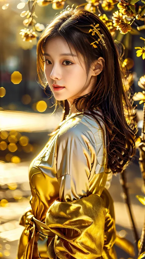 stunning kim jisoo, cover in golden liquid shining golden flowers in her hair, beautiful, magical, volumetric light, detailed, r...