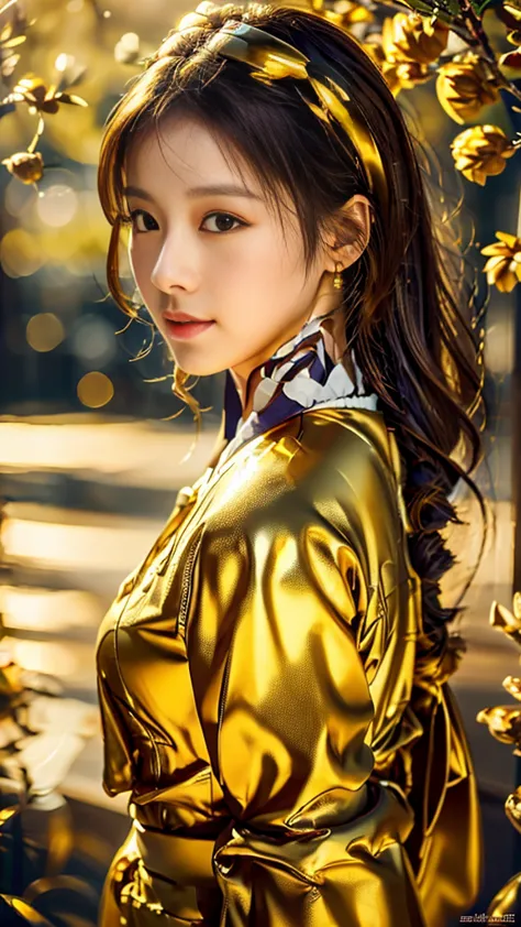 stunning kim jisoo, cover in golden liquid shining golden flowers in her hair, beautiful, magical, volumetric light, detailed, r...