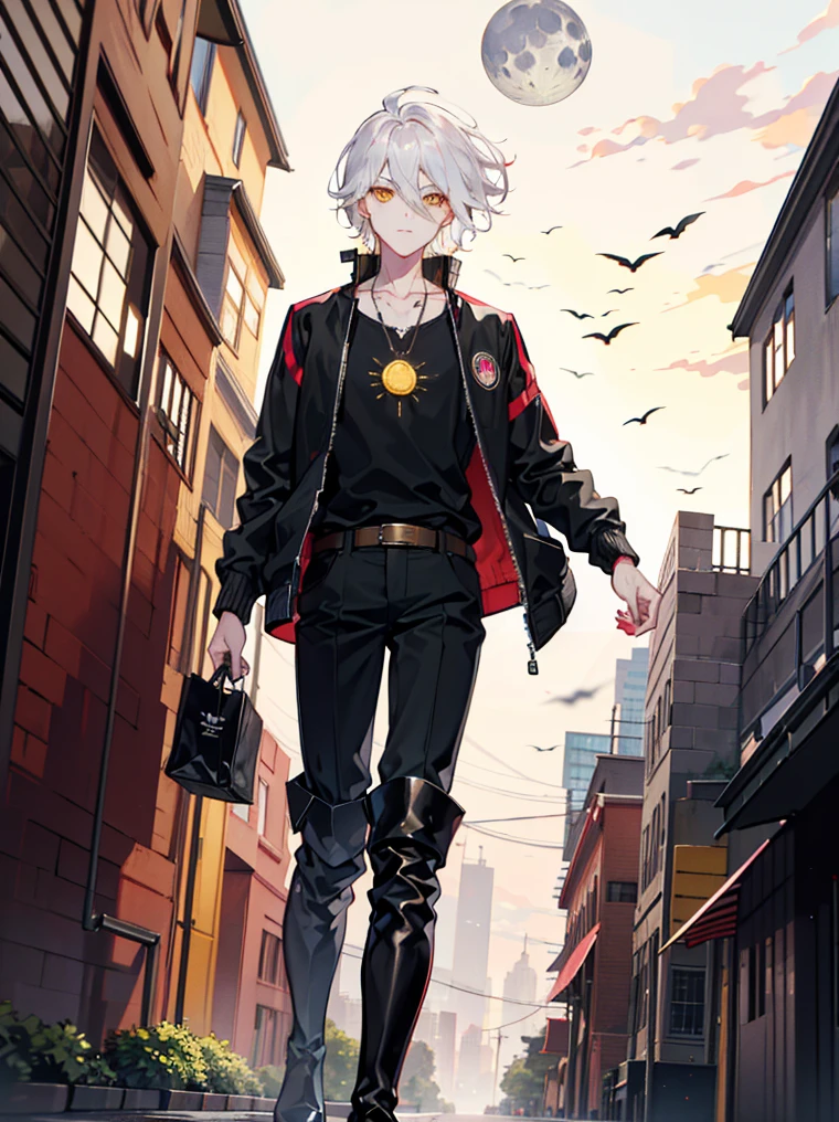 ((masterpiece)), (((HDR))), ((best quality)), (ultra high quality), (hi-res), ((absurdres)), ((1boy)), (karna), perfect anatomy, (yellow eyes), white hair, bangs above eyes, ((black jacket with red inside)), ((low cut black shirt)), (black pants), ((thigh boots)), belt, jewelry, necklace, cute, facing camera, ((dynamic)), in a city, buildings, outside, nighttime, additional lighting, moon, city lights, sidewalk