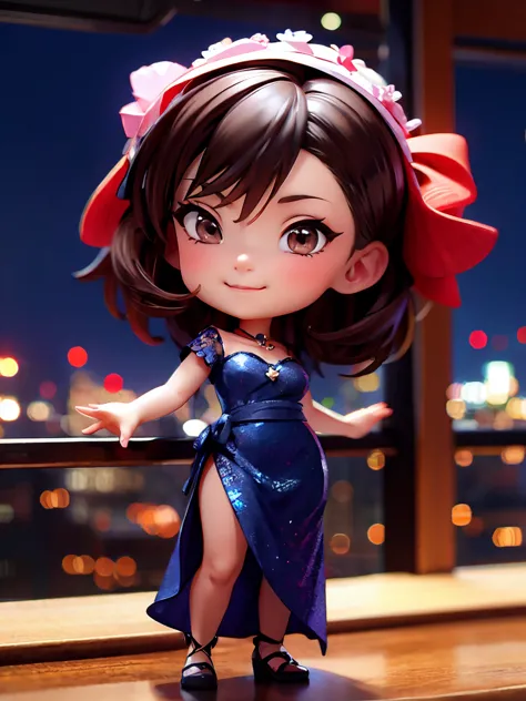 chibi, chibi figure, with the night view of the city in the background、a woman in an evening dress is standing in front of the c...