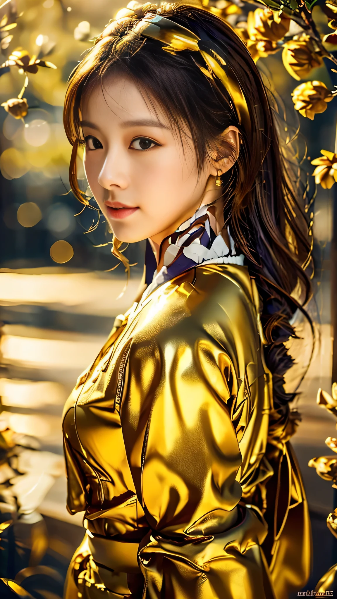 Stunning Kim Jisoo, cover in golden liquid shining golden flowers in her hair, beautiful, magical, volumetric light, detailed, Rembrandt lighting bokeh