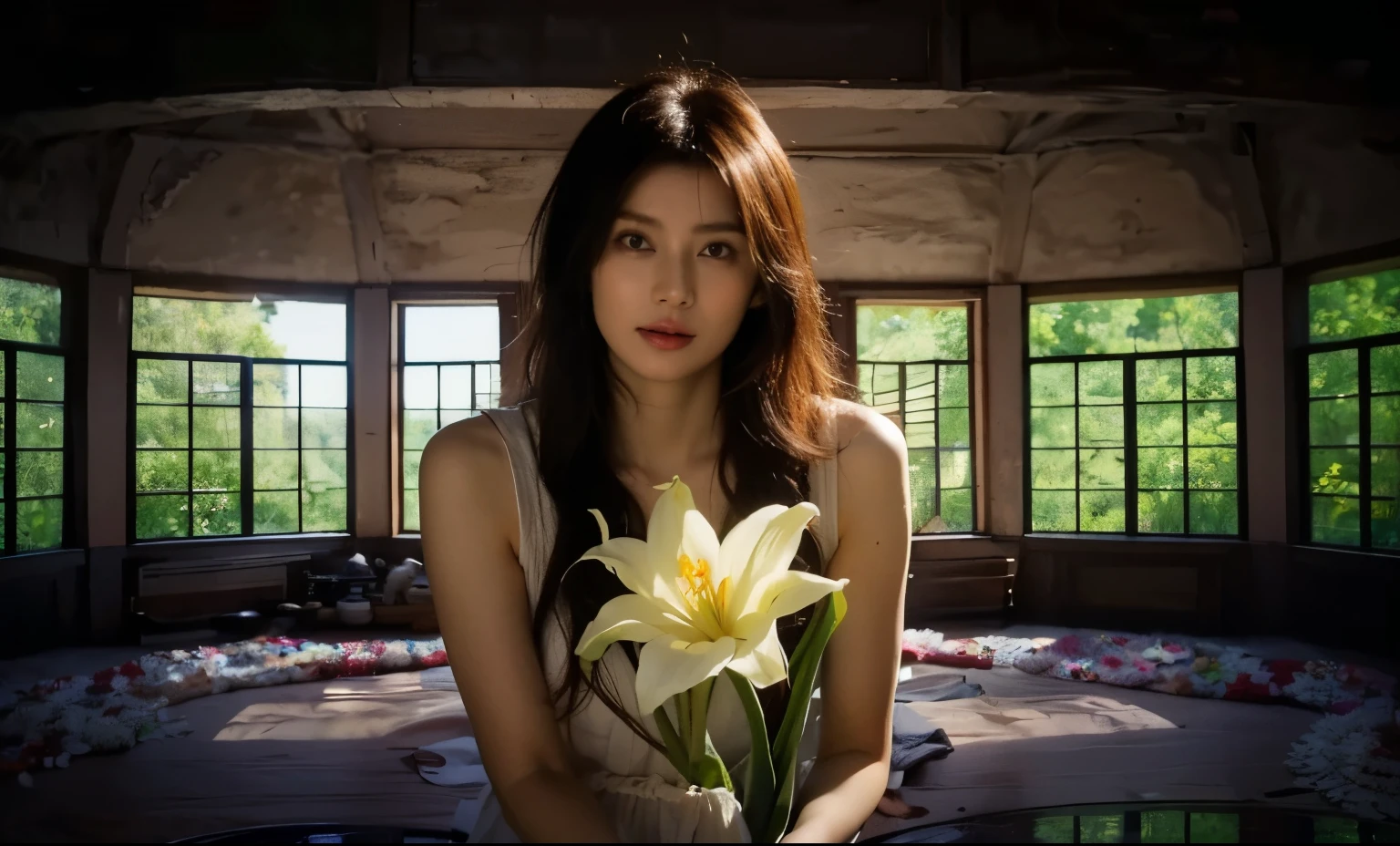 arafed woman in a room with a flower in her hand, with flowers, 🌺 cgsociety, lily, flower goddess, beautiful  girl, with frozen flowers around her, attractive girl, by Zhang Han, holding a flower, beautiful south korean woman, guweiz, bae suzy, holding flowers, jingna zhang, realistic painting style, photorealistic!!!!!!! art style