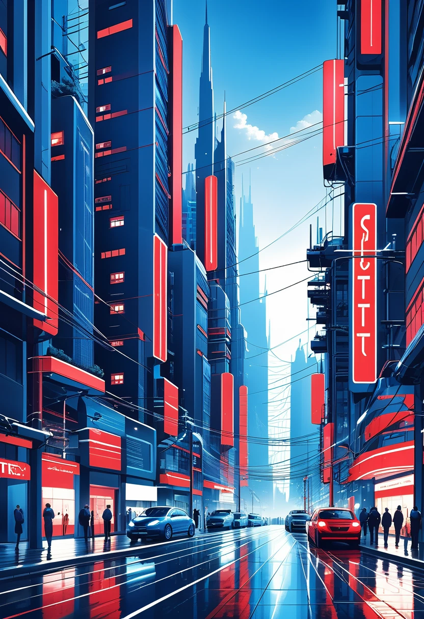 ville fantastique construite à partir de réseaux électriques, couleur bleu et rouge