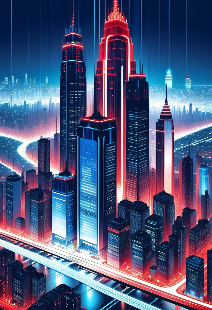 ville fantastique construite à partir de réseaux électriques, couleur bleu et rouge