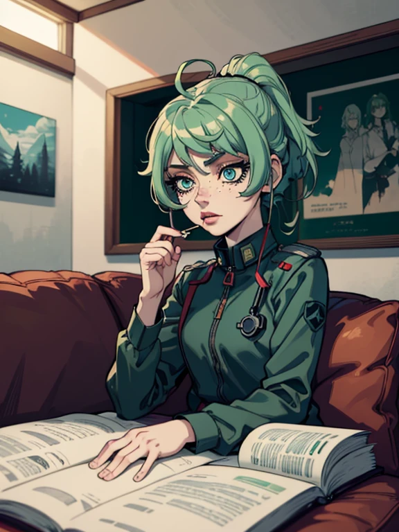 Masterpiece, best quality, college student, centered in frame, portrait, female, pale skin, stressed expression, stethoscope, busty, smoking cigarette, eye bags, nervous, peach lips, ponytail, pastel green hair, couch landscape, green eyes, paramedic uniform, green freckles, beautiful,