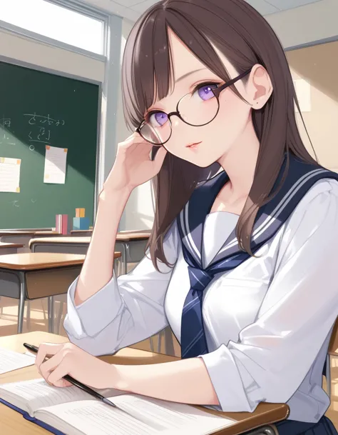 score_9,score_8_up,score_7_up,hd5,ama_mitsuki,1girl,thin,slim,skinny,upper body,brown hair,purple eyes,white serafuku,glasses,cl...