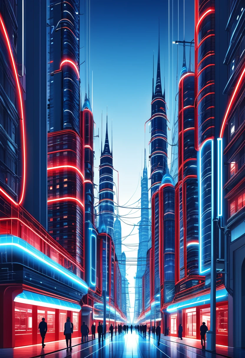 Fantastische Stadt, aus elektrischen Netzen aufgebaut, Elektrisches Licht, Farbe blau und rot