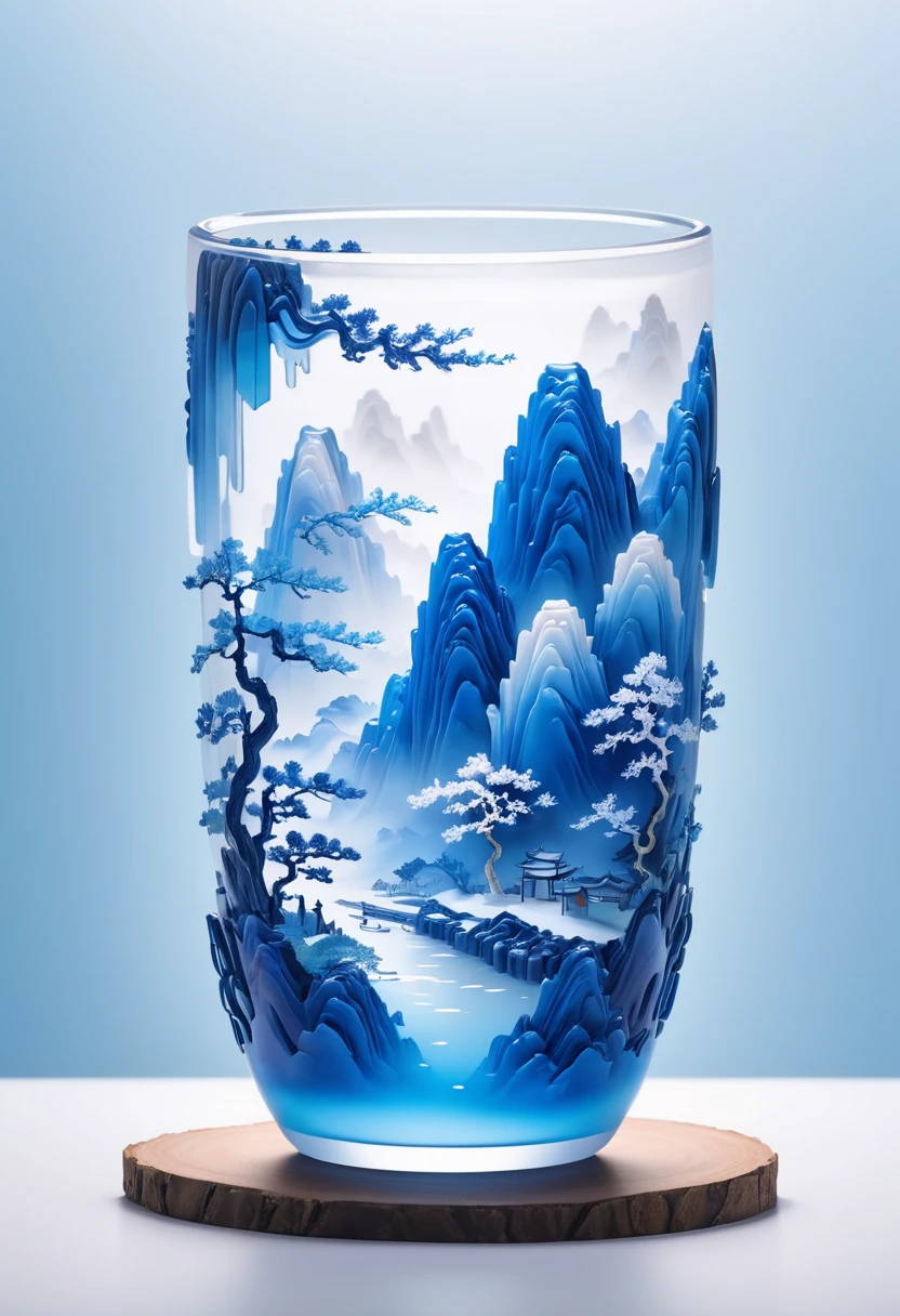 Micro landscape design carved on the milk tea cup，Translucent glass material,Blue-white gradient,Traditional Chinese landscape painting,Abstract shapes,Minimalism,Cave，Inner Glow，,3d
