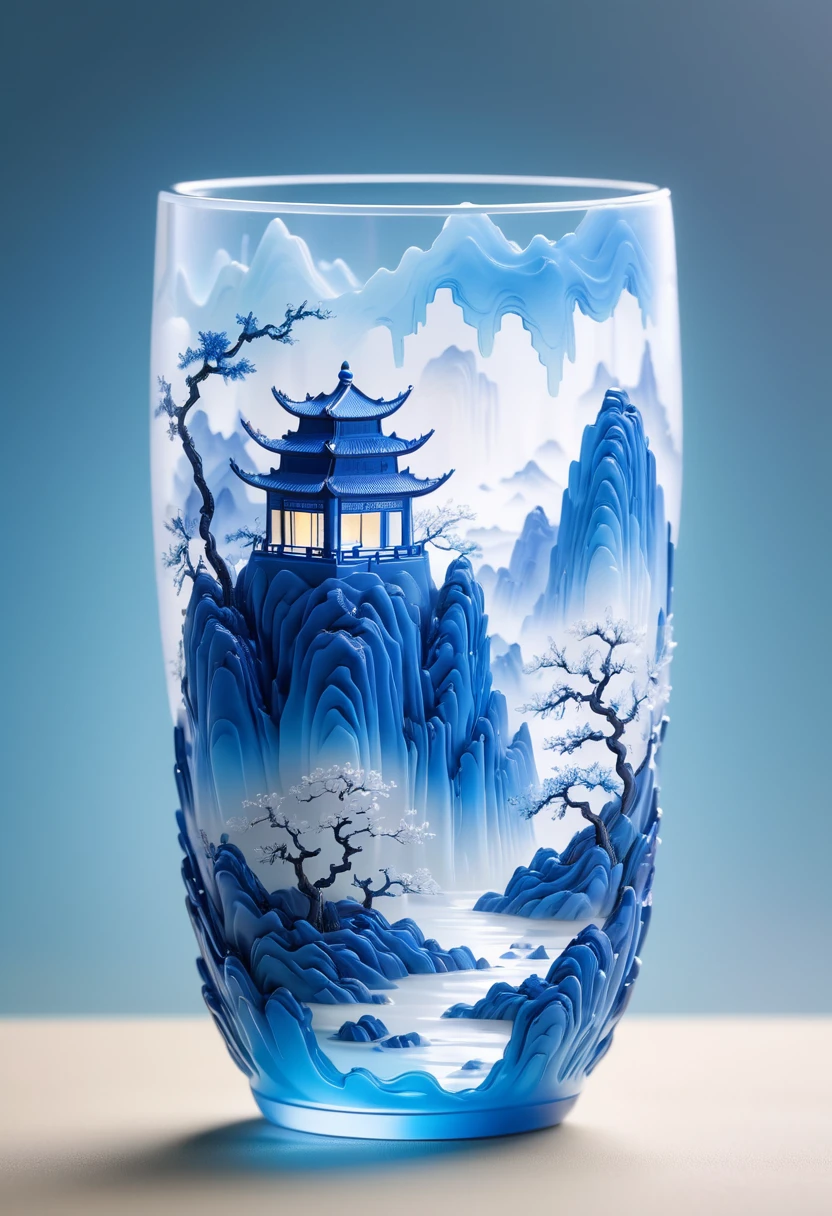ミルクティーカップに彫られた微細な風景デザイン，半透明ガラス素材,青白グラデーション,伝統的な中国の風景画,抽象的な形,ミニマリズム,洞窟，内面の輝き，,3D