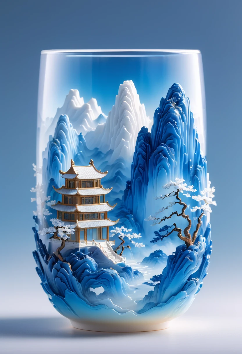 Micro landscape design carved on the milk tea cup，Translucent glass material,Blue-white gradient,Traditional Chinese landscape painting,Abstract shapes,Minimalism,Cave，Inner Glow，,3d