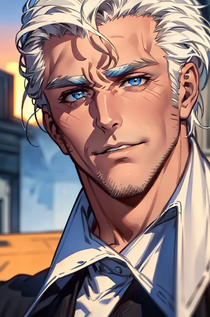 ((masterpiece:1.2, Best quality)), 4k, adult, European face, 1 person, male, , masculine, Beautiful, tall, dark casual wear, White skin, white hair, blue eyes s, portrait, sunset, man, adult man
