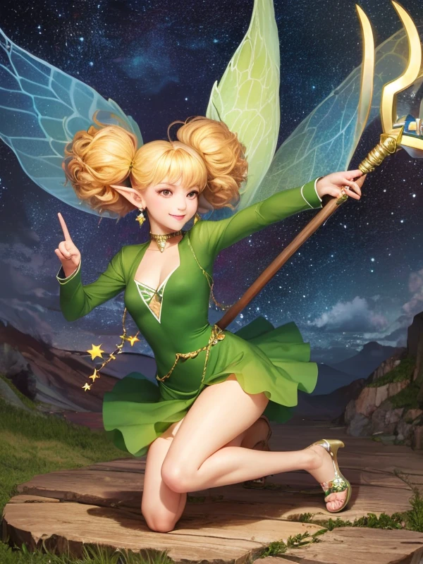 ((masterpiece)),((best quality)),1girl,  tiki,  (smile), starry sky,   (perfect hand:1.3),gesture, earrings,shining stars,full body, green dress, wooden staff,one knee,