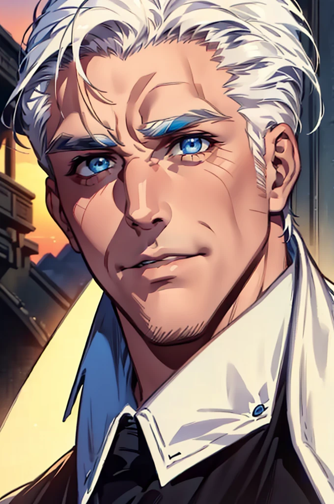 ((masterpiece:1.2, Best quality)), 4k, adult, European face, 1 person, male, , masculine, Beautiful, tall, dark casual wear, White skin, white hair, blue eyes s, portrait, sunset, man, adult man
