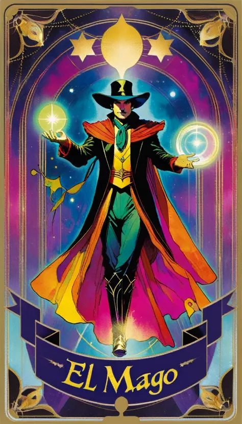 tarot card, themagician, full tarot card frames ((text on card: "el mago")) (art inspired by bill sienkiewicz) . bright colors, ...