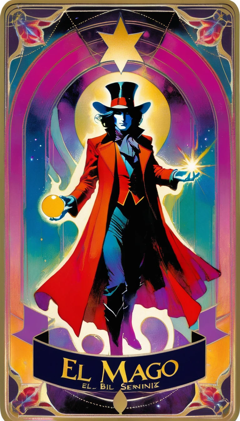 tarot card, the magician, FULL tarot card frames ((text on card: "EL MAGO")) (art inspired by Bill Sienkiewicz) . bright colors, oil paint)
