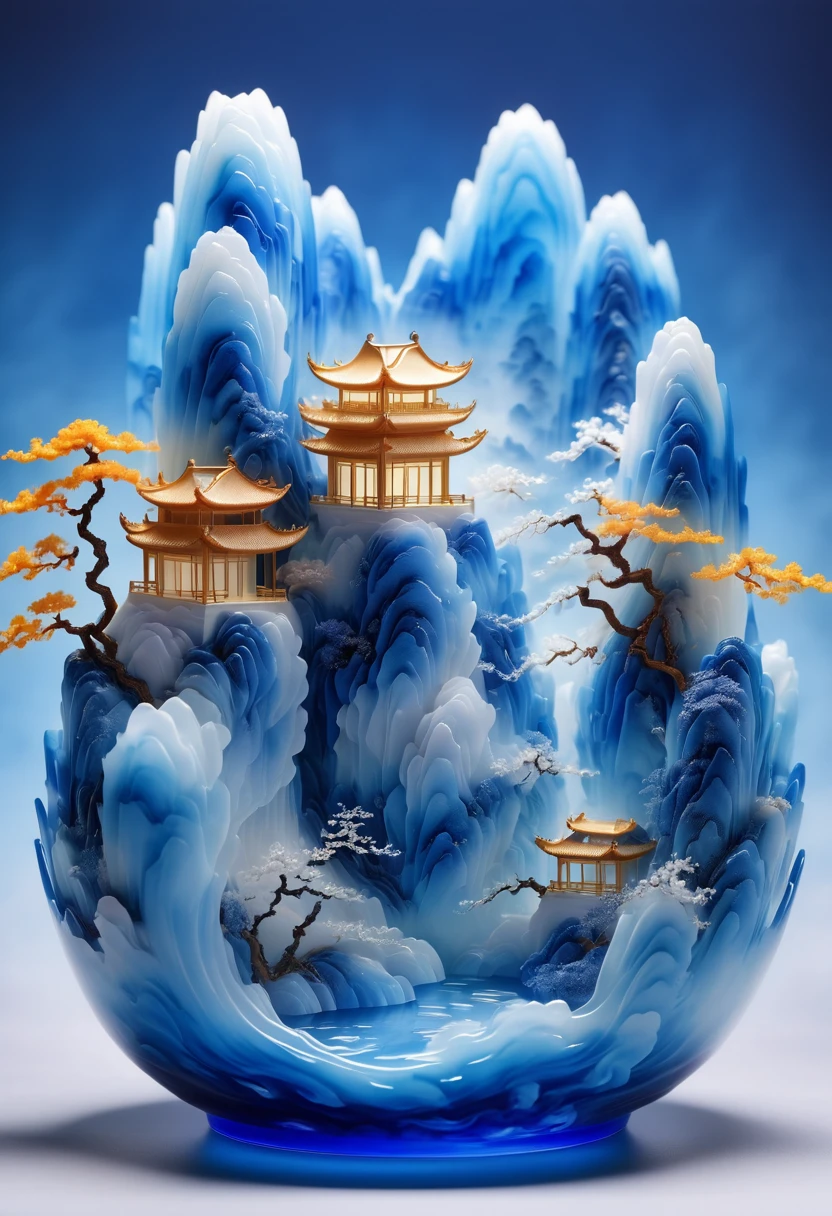 Micro landscape design carved on blue and white porcelain vase，Translucent glass material,Blue-white gradient,Traditional Chinese landscape painting,Abstract shapes,Minimalism,Cave，,3d，Thick smoke