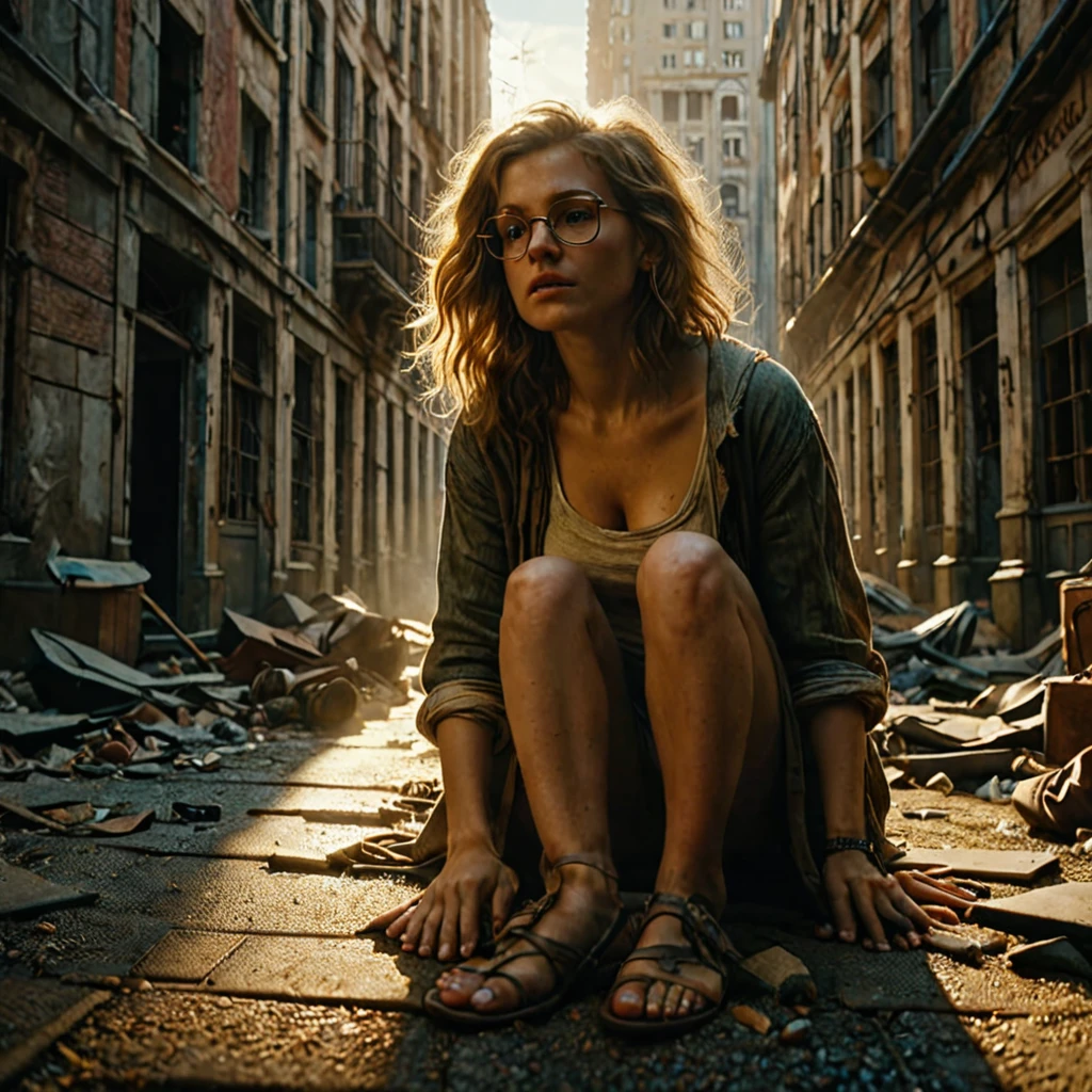 cinematic film still Low angle (from behind) view Extreme Close shot (focus on feet) ,  1girl, 21 year old,broken glasses,explorting the streets of an ais-abandz city , lit by a ray of light through the buildings ,4k, uhd,masterpiece, highly detailed skin with hair,vellus,large natural breasts,deep cleavage, hard light, hard shadows,Rembrandt Lighting Style , shallow depth of field, vignette, highly detailed, high budget Hollywood film, cinemascope, moody, epic, gorgeous, 