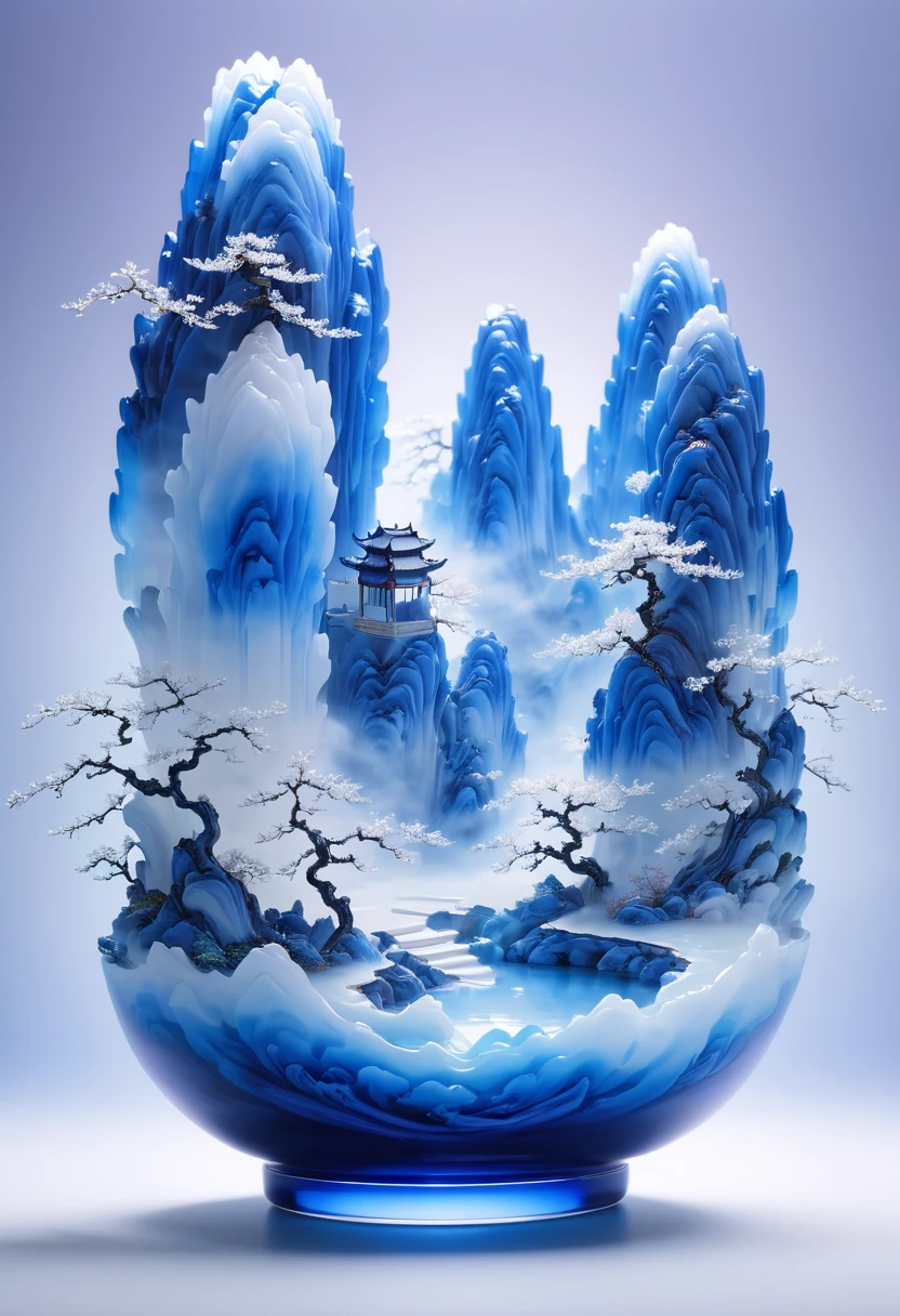 青と白の磁器の花瓶に彫られた微細な風景デザイン，半透明ガラス素材,青白グラデーション,伝統的な中国の風景画,抽象的な形,ミニマリズム,洞窟，3D。水蒸気，白い霧，濃い霧，