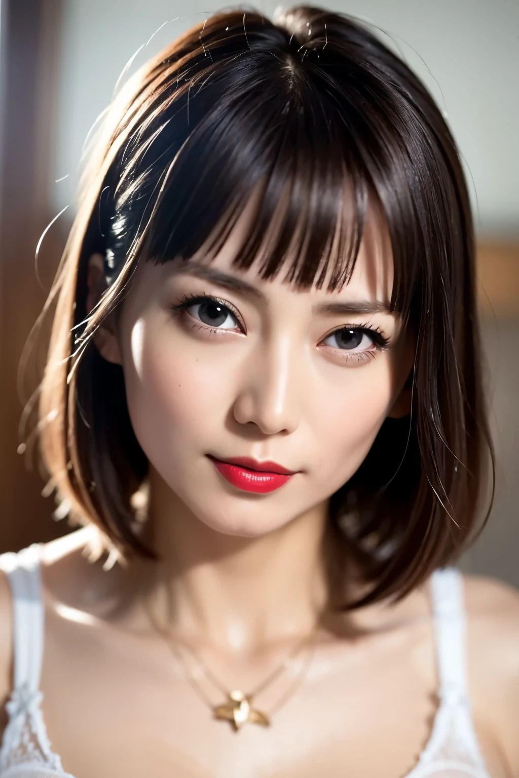 Beautiful Japanese Women, 1 person, Very cute and slim, Excellent style, 8K images, super high quality, Very delicate face, Skin and Hair, Red lipstick, short hair, straggling hair, Gradient Hair, blonde, Very cute Japanese cut face, Eyes and nose are clearly visible, Kind eyes, lingerie, Simple Background, Looking at the audience