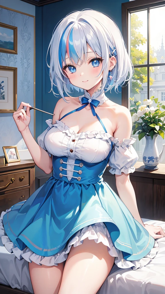 beautiful, masterpiece, Highest quality, anime, One girl, C Cup,Portrait Shot, View your viewers, Covered、Short Hair、nearby、Blue Eyes、art、、White hair,Blue streaked hair、wallpaper、hairpin、Cute smile、Thighs、Cute、紐なしブラ、ミニスカート