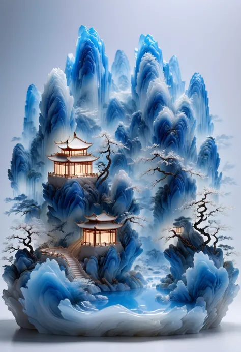 a micro landscape design is carved on the top of the portrait，translucent glass material,blue-white gradient,traditional chinese...