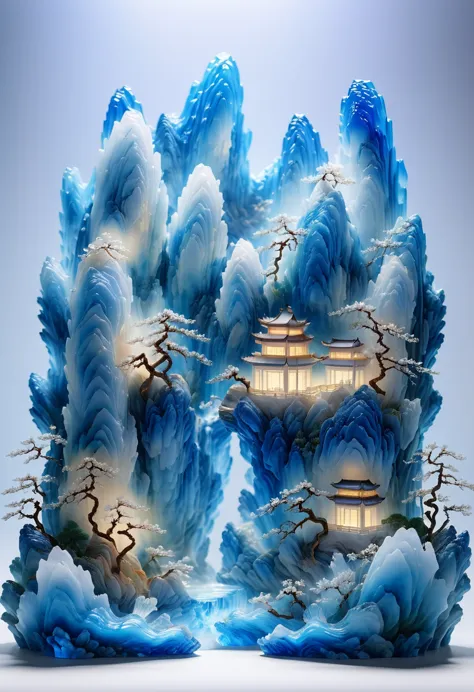 The top of the portrait is carved，Translucent glass material,Blue-white gradient,Traditional Chinese landscape painting,Abstract...