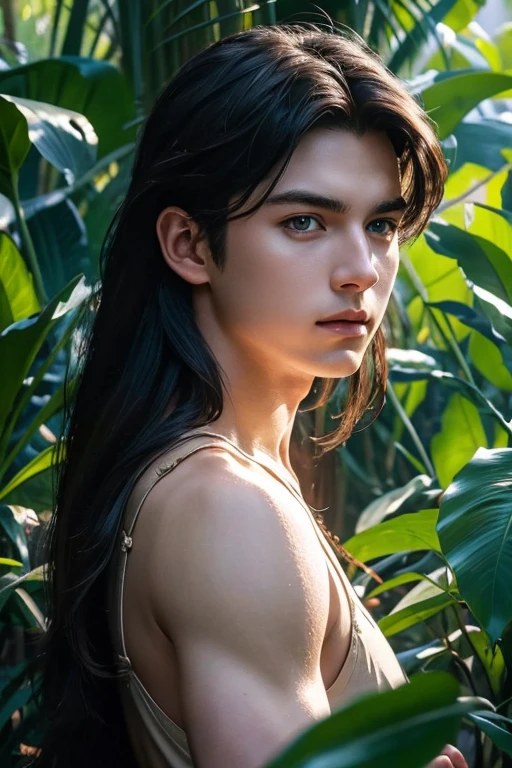full body photorealistic shots medium of young Cody Christian as long haired Tarzan in the jungle in a high budget film, natural light photo, Canon 85L f2. 8, ISO320, 5000K colour balance, Miki Asai Macro photography, close-up, hyper detailed, trending on artstation, sharp focus, studio photo, intricate details, highly detailed, by greg rutkowski,