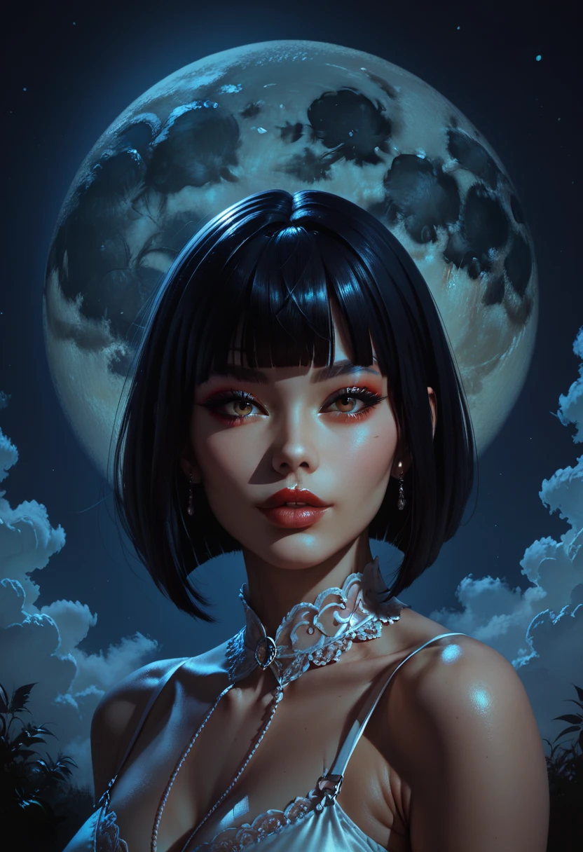 score_9, score_8_up, score_7_up, score_6_up, rating:safe, 1girl, solo, blunt_bangs, bangs, black_hair, moon, lips, looking_at_viewer, portrait, parted_lips, full_moon, bob_cut