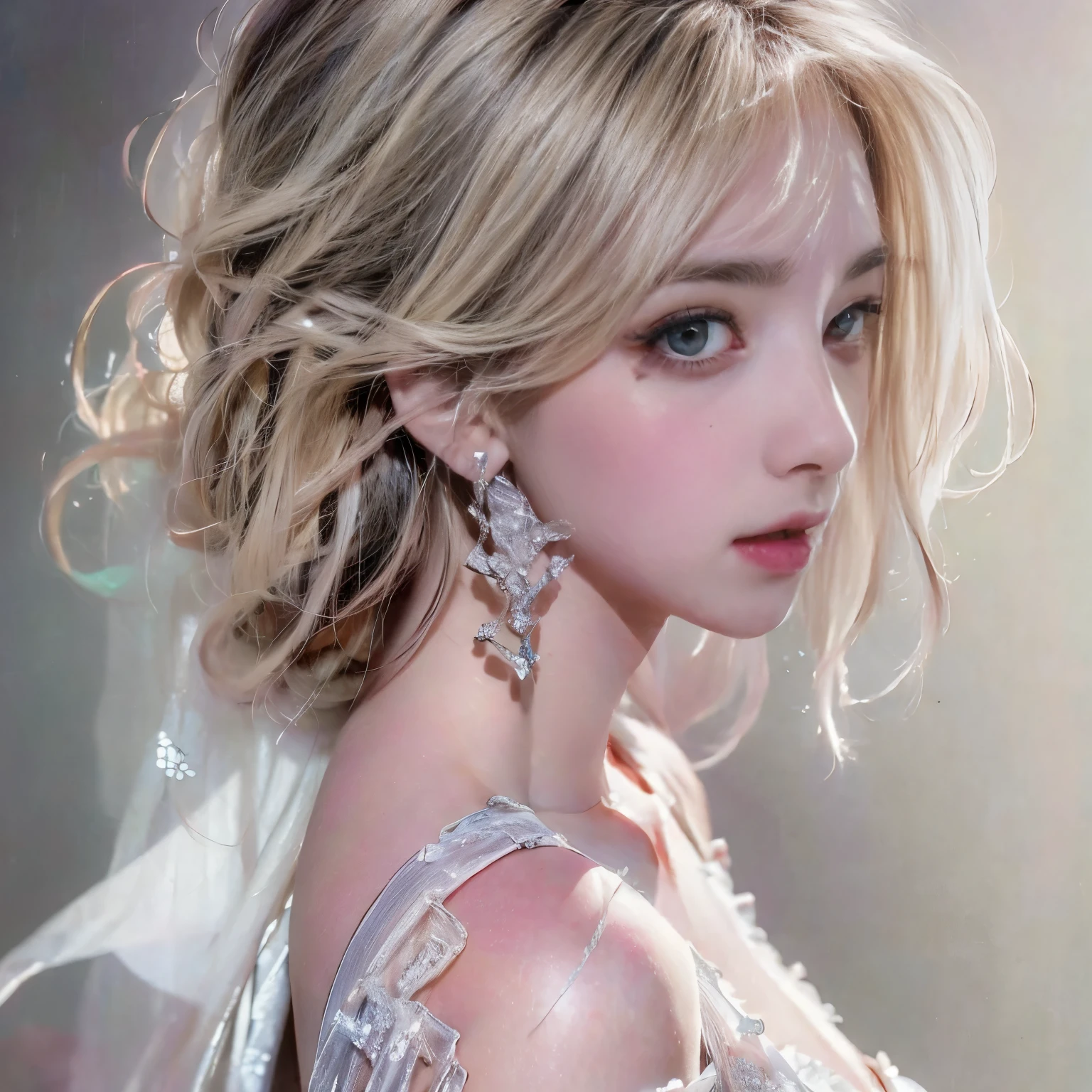 8K）、（Best image quality:1.5）、gray background、face close up、１girl、masterpiece、Delicate and sharp eyes、brown eyes、power of eyes、delicate face、cup、attractive face、platinum blonde hair、Half length wave、wedding dress、ピンクのwedding dress、I can see your collarbone、female、collarbone emphasis、earring、necklace、