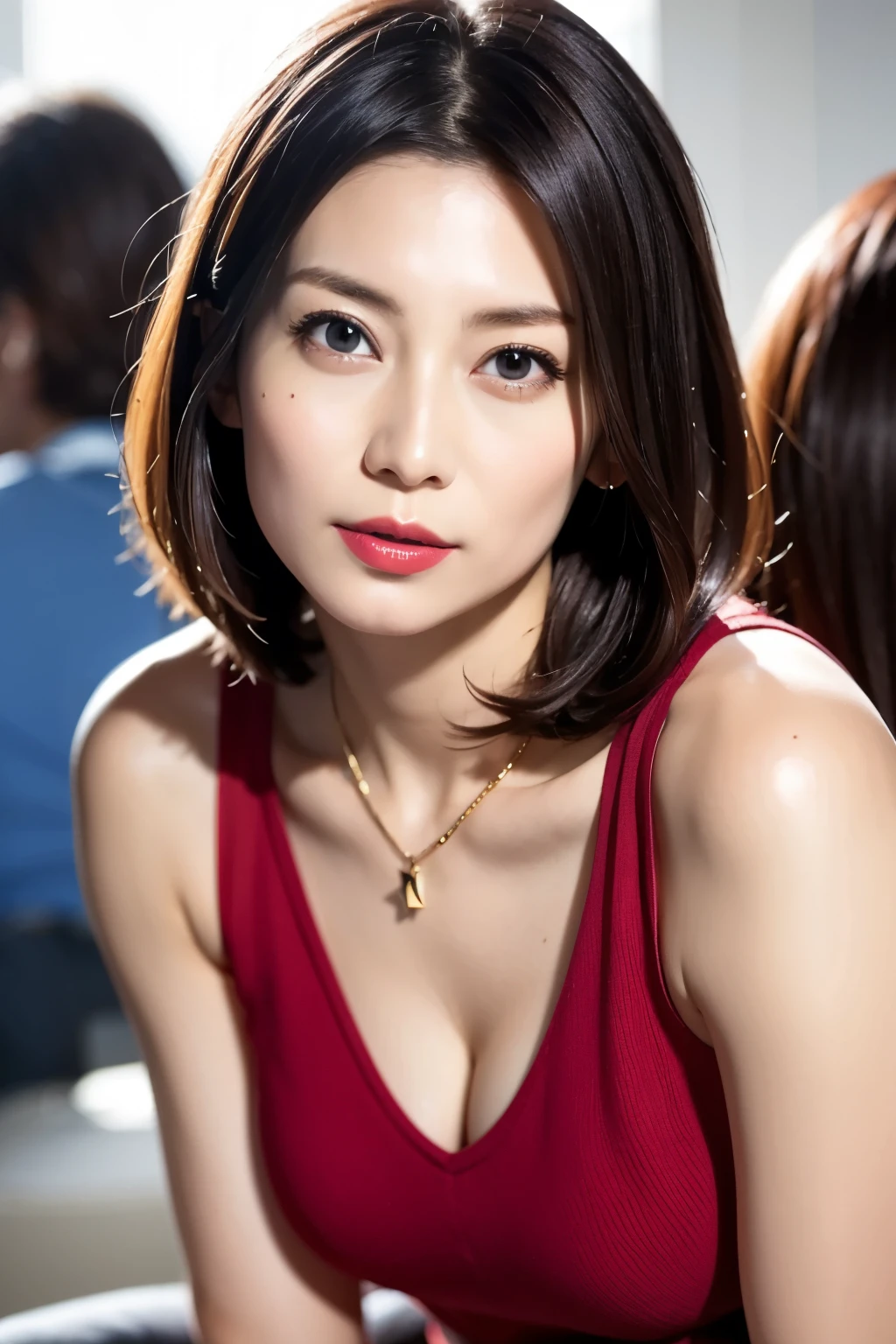 Beautiful Japanese Women, 1 person, Very cute and slim, Excellent style, 8K images, super high quality, Very delicate face, Ultra-detailed skin textures, Red lipstick, short hair, straggling hair, Gradient Hair, Ultra-detailed eyes and nose, Sharp Eyes, Simple Background, Looking at the audience, Upper Body Shot, Cleavage, V-neck light knit