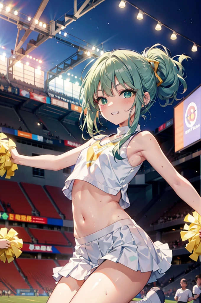 index, index,Silver Hair, (Green Eyes:1.5),Long Hair, (Flat Chest:1.2),Grin,teeth,Daytime,sunny,
,(cheer leading), (whole body), Lower, (Sweaty), Sweaty Wet Clothes, (White clothes),Sleeveless, Pleated skirt,Black socks,sneakers, Belly button support, playground, (Jump), (Jump), 足を曲げてJumpする, air, blue sky, Grass原, smile,Cheerleader, Pom-pom \(cheer leading\)have, Grass, smile, whole bodyがイラストに入るように,
break looking at viewer, whole body,(Cowboy Shot:1. 5) ,
break indoors, Stadium,crowd, people々々々,A packed audience,
break (masterpiece:1.2), Highest quality, High resolution, unity 8k wallpaper, (shape:0.8), (Beautiful and beautiful eyes:1.6), Highly detailed face, Perfect lighting, Extremely detailed CG, (Perfect hands, Perfect Anatomy),