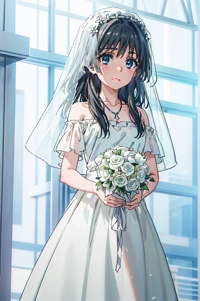 Okay, Saten Ruiko, Black Hair, blue eyes, Long Hair, hair ornaments, Floral decoration,Grin,smile,Veil,blush,Wedding dress,Off the shoulder,necklace,Wedding Skirts,Traveling with a large bouquet,Flower storm,
break indoor, Chapel,
break looking at viewer, Upper Body,whole body,(Cowboy Shot:1. 5) ,
break (masterpiece:1.2), Highest quality, High resolution, unity 8k wallpaper, (figure:0.8), (Beautiful attention to detail:1.6), Highly detailed face, Perfect lighting, Highly detailed CG, (Perfect hands, Perfect Anatomy),