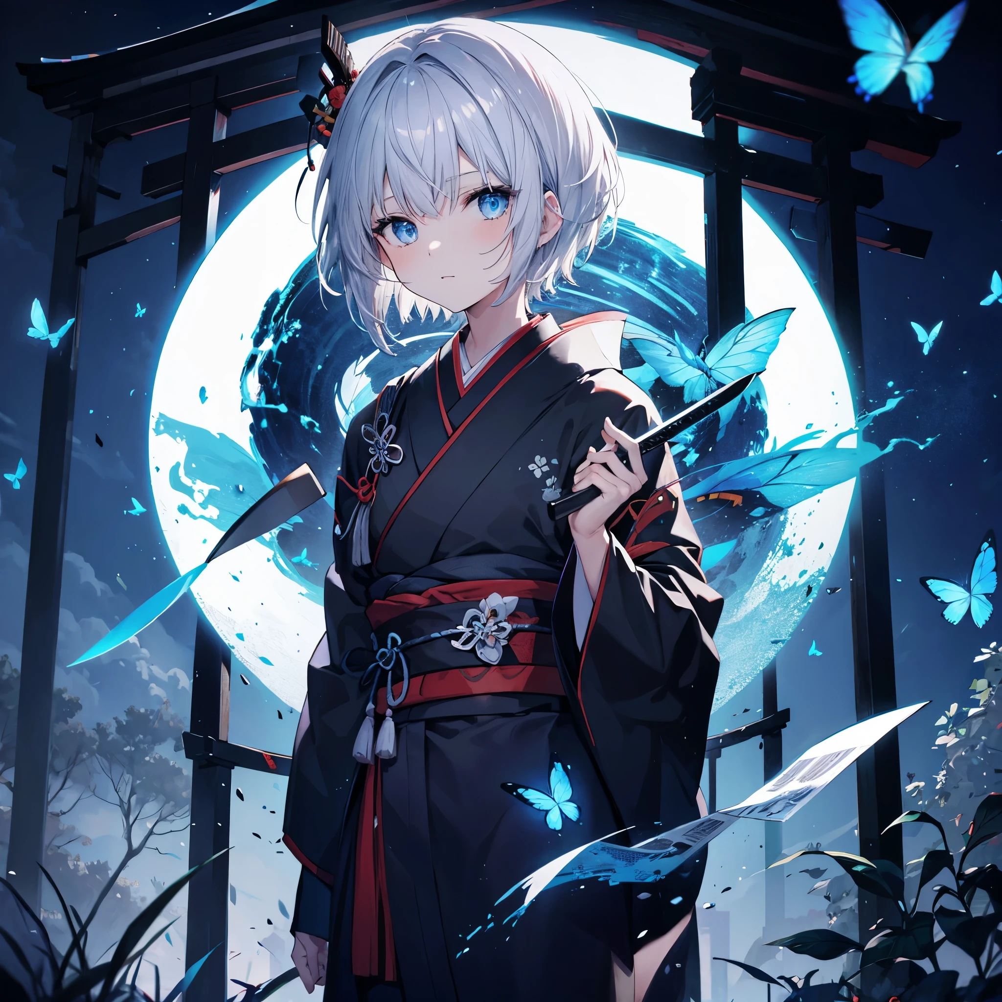 (((1 person)))　((High resolution　Gray Hair　short hair　Black kimono　Shoulder　knifeを構える))　((Black Band　samurai　Lonely　despair　blue eyes))　((Blue Butterfly　night　Japanese style　old　Shining Aura　garden　shrine　torii　Catch the wind))　(dance　日本knife　knife　Slashing)　moonlight　star　Draw your sword　Shining Background　Shining Edge