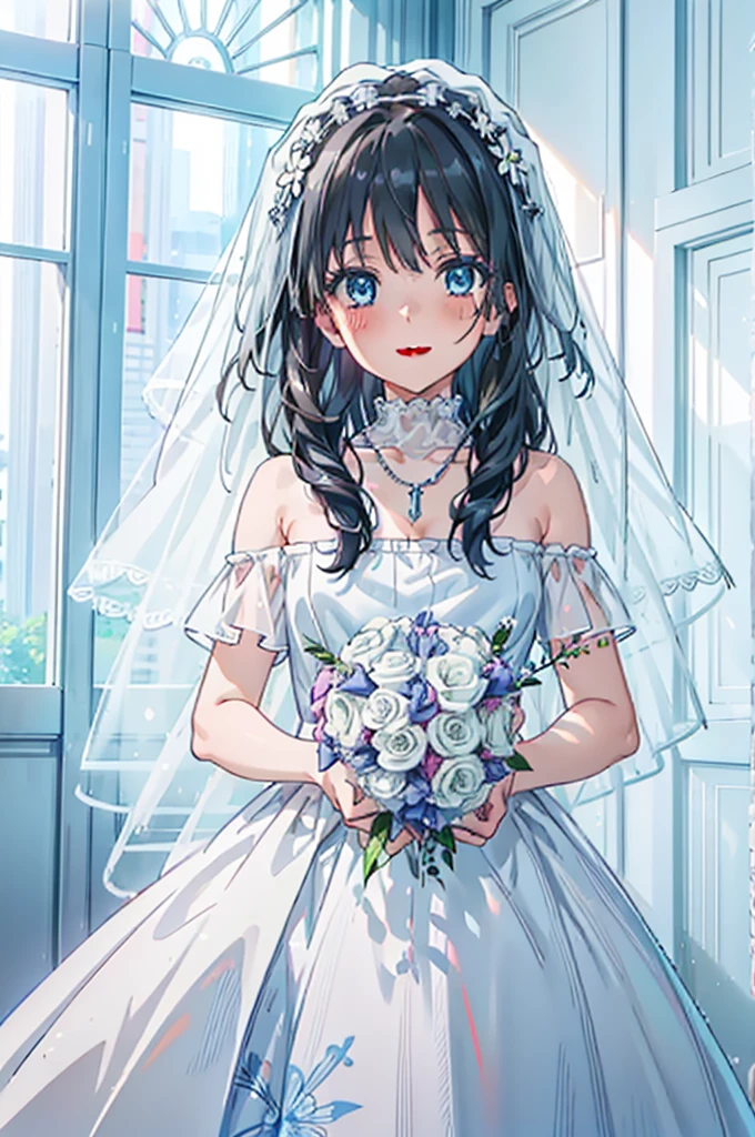 Okay, saten ruiko, schwarzes Haar, blaue Augen, lange Haare, Haarschmuck, Blumenschmuck,Grinsen,lächeln,Veil,erröten,Hochzeitskleid,Weg von der Schulter,Halskette,Hochzeitsröcke,Reisen mit einem großen Blumenstrauß,Blumensturm,
brechen indoor, Kapelle,
brechen looking at viewer, Oberkörper,ganzer Körper,(Cowboy-Schuss:1. 5) ,
brechen (Meisterwerk:1.2), höchste Qualität, Hohe Auflösung, Einheit 8k Hintergrundbild, (Figur:0.8), (Schöne Liebe zum Detail:1.6), sehr detailliertes Gesicht, Perfekte Beleuchtung, Hochdetaillierte CG, (perfekte Hände, Perfekte Anatomie),