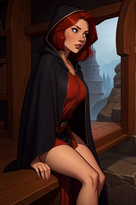 Woman, short red hair, black wizard cloak, hooded cloak, 