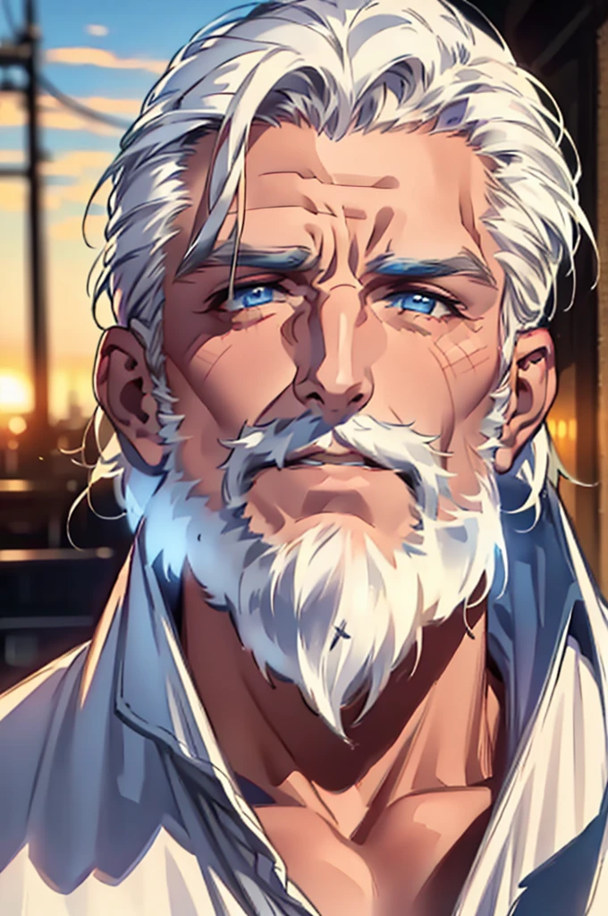 ((masterpiece:1.2, Best quality)), 4k, adult, European face, 1 person, male, , masculine, Beautiful, tall, dark casual wear, White skin, white hair, blue eyes s, portrait, sunset, man, adult man
