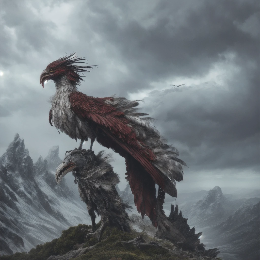 a detailed film still portraying a carnivorous bird woman made of fluffy feather skin, having feathered arms, a bloody maw, and a focused smile perched atop a stormy, windswept mountain landscape scene, by emily soto.