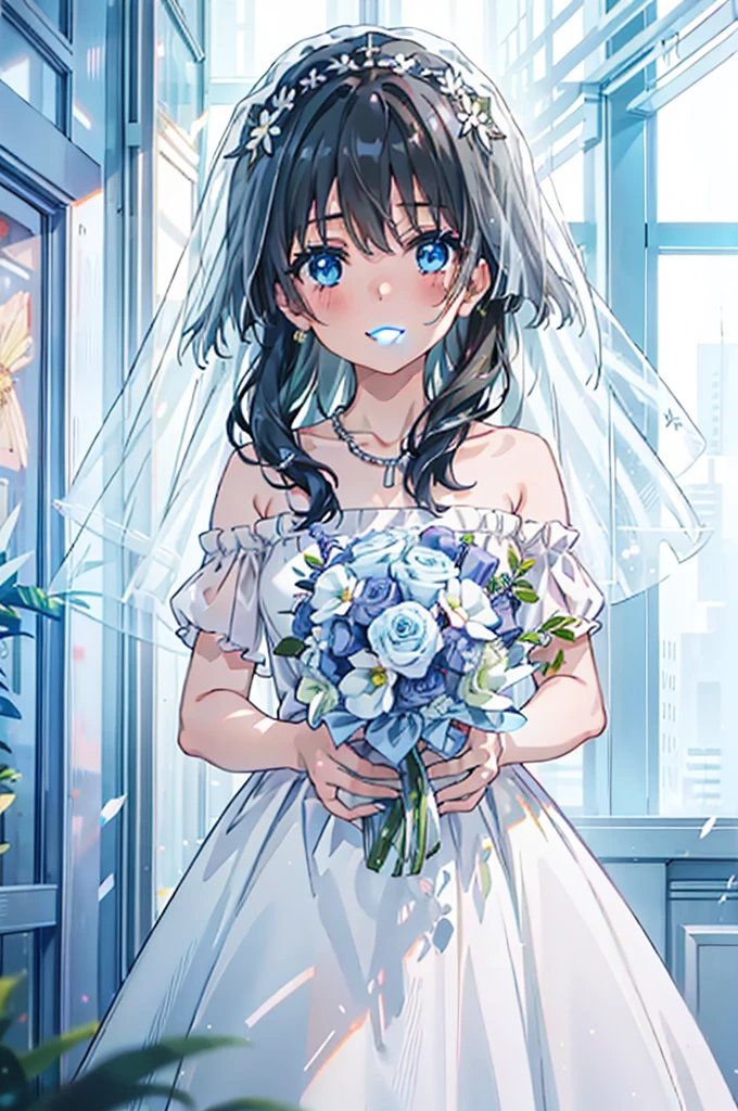 Okay, Saten Ruiko, Black Hair, blue eyes, Long Hair, hair ornaments, Floral decoration,Grin,smile,Veil,blush,Wedding dress,Off the shoulder,necklace,Wedding Skirts,Traveling with a large bouquet,Flower storm,
break indoor, Chapel,
break looking at viewer, Upper Body,whole body,(Cowboy Shot:1. 5) ,
break (masterpiece:1.2), Highest quality, High resolution, unity 8k wallpaper, (figure:0.8), (Beautiful attention to detail:1.6), Highly detailed face, Perfect lighting, Highly detailed CG, (Perfect hands, Perfect Anatomy),