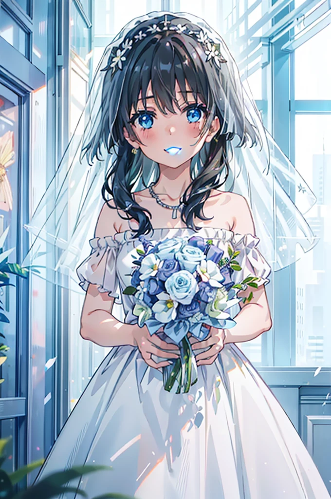 Okay, saten ruiko, schwarzes Haar, blaue Augen, lange Haare, Haarschmuck, Blumenschmuck,Grinsen,lächeln,Veil,erröten,Hochzeitskleid,Weg von der Schulter,Halskette,Hochzeitsröcke,Reisen mit einem großen Blumenstrauß,Blumensturm,
brechen indoor, Kapelle,
brechen looking at viewer, Oberkörper,ganzer Körper,(Cowboy-Schuss:1. 5) ,
brechen (Meisterwerk:1.2), höchste Qualität, Hohe Auflösung, Einheit 8k Hintergrundbild, (Figur:0.8), (Schöne Liebe zum Detail:1.6), sehr detailliertes Gesicht, Perfekte Beleuchtung, Hochdetaillierte CG, (perfekte Hände, Perfekte Anatomie),