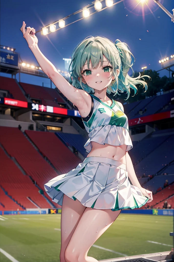 index, index,Silver Hair, (Green Eyes:1.5),Long Hair, (Flat Chest:1.2),Grin,tooth,Daytime,sunny,
,(cheer leading), (whole body), Lower, (Sweaty), Sweaty Wet Clothes, (White clothes),Sleeveless, Pleated skirt,Black socks,sneakers, Belly button support, playground, (Jump), (Jump), 足を曲げてJumpする, air, blue sky, Grass原, smile,Cheerleader, Pom-pom \(cheer leading\)have, Grass, smile, whole bodyがイラストに入るように,
break looking at viewer, whole body,(Cowboy Shot:1. 5) ,
break indoors, Stadium,crowd, people々々々,A packed audience,
break (masterpiece:1.2), Highest quality, High resolution, unity 8k wallpaper, (shape:0.8), (Beautiful and beautiful eyes:1.6), Highly detailed face, Perfect lighting, Extremely detailed CG, (Perfect hands, Perfect Anatomy),