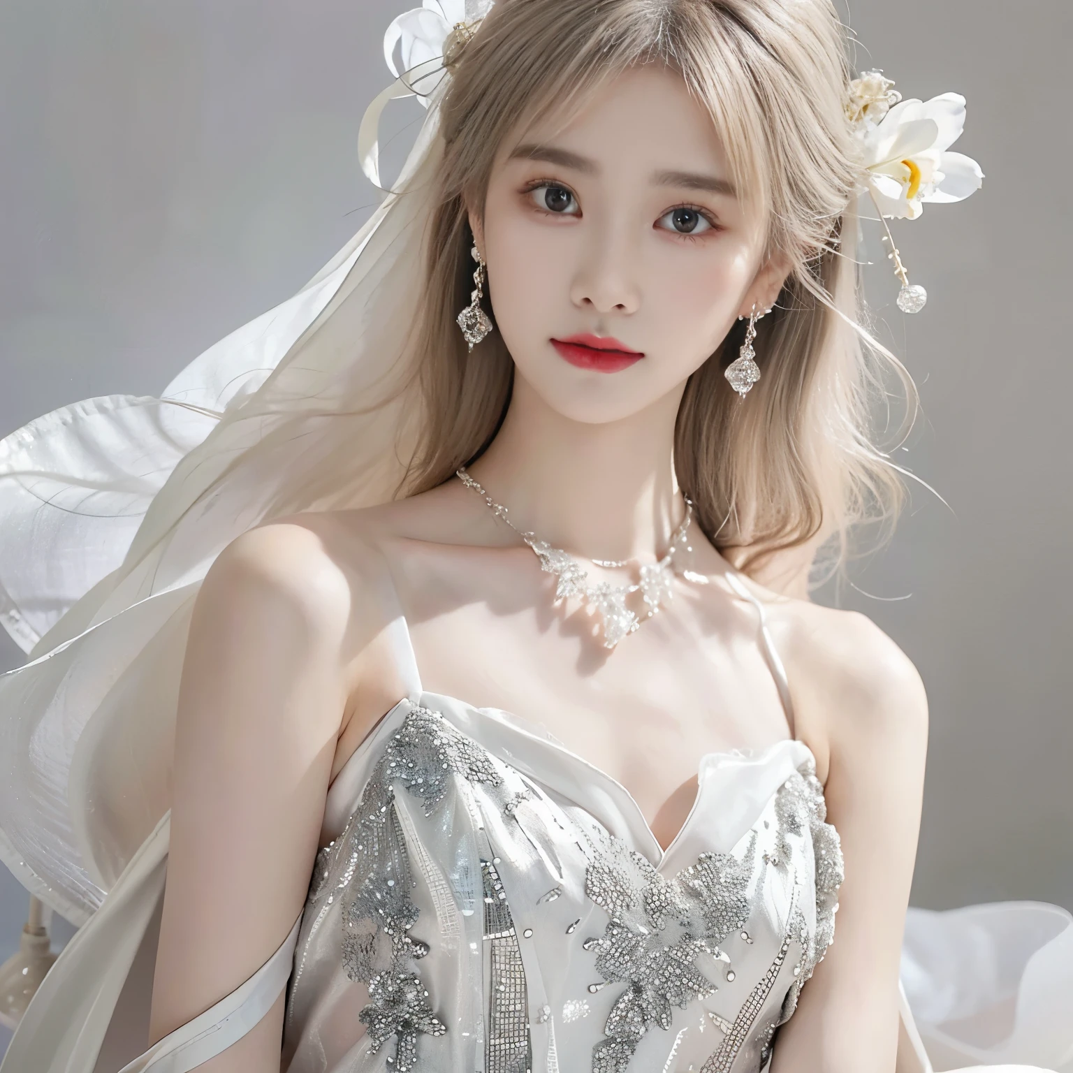 8K）、（Best image quality:1.5）、gray background、face close up、１girl、masterpiece、Delicate and sharp eyes、brown eyes、power of eyes、delicate face、cup、attractive face、platinum blonde hair、Half length wave、wedding dress、白いwedding dress、I can see your collarbone、female、collarbone emphasis、earring、necklace、